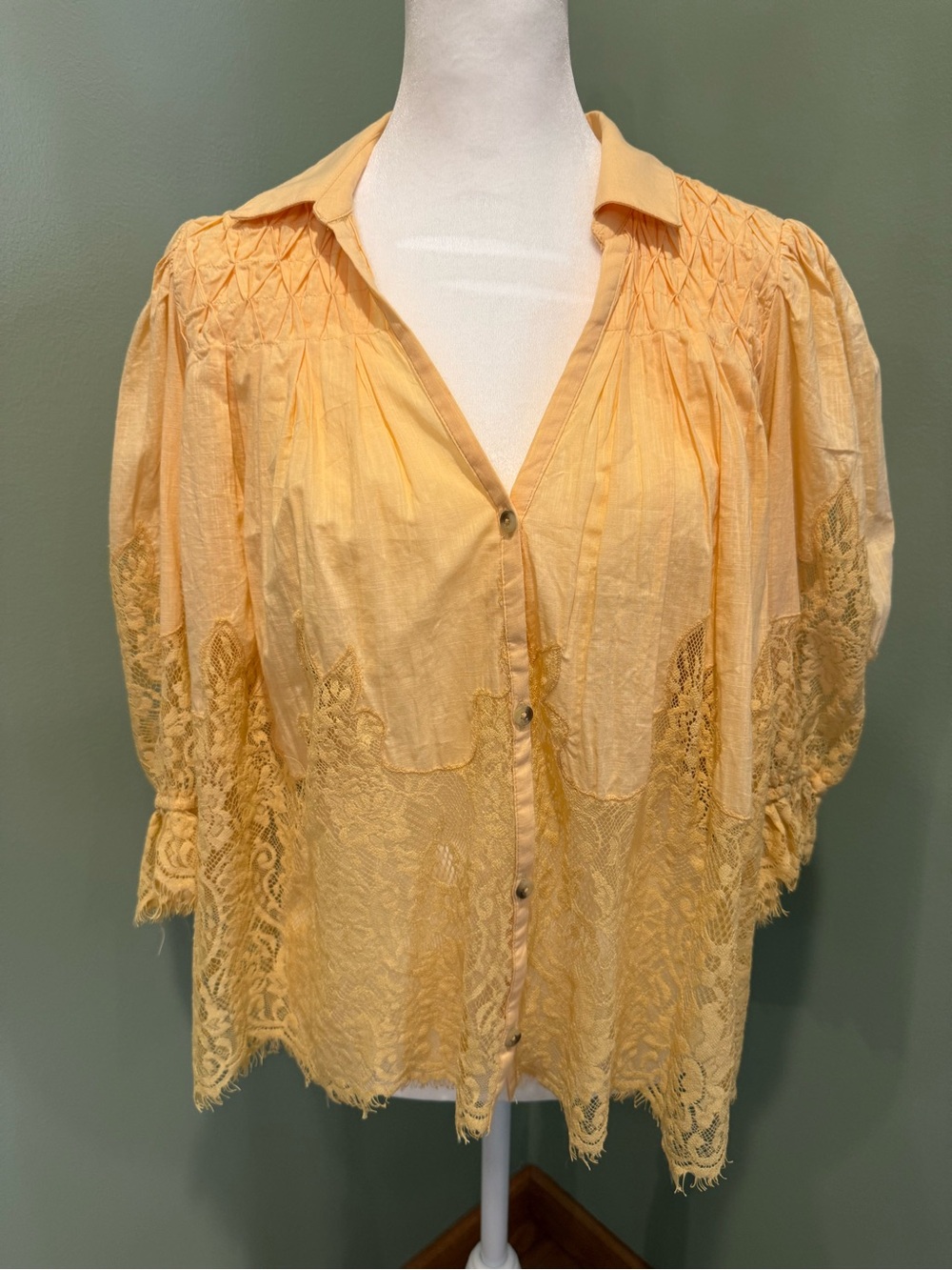 Anthropologie Pale Yellow Lace Button-Down Blouse